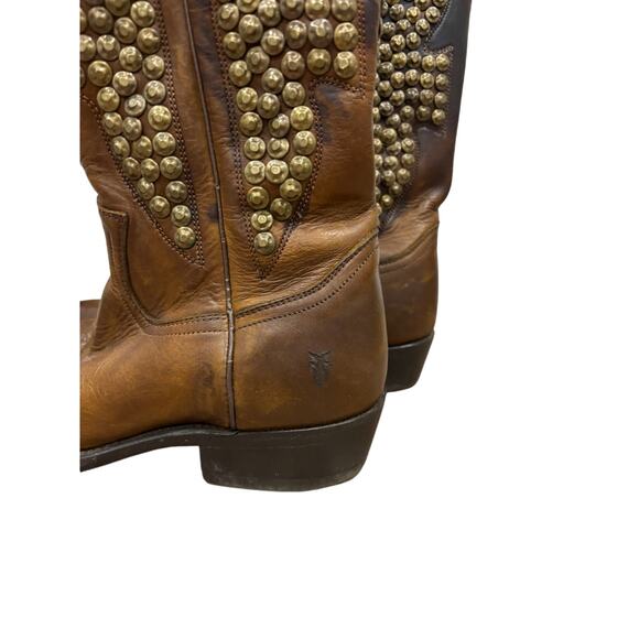 Frye Billy Hammered Stud Cognac Leather Western Cowboy Riding Boot 7.5 7.5 - Picture 5 of 11